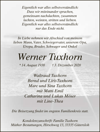 Traueranzeige von Werner Tuxhorn von Neue Westfälische