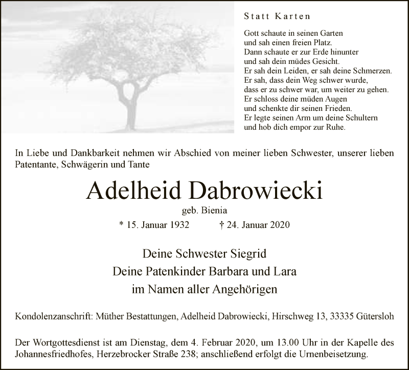  Traueranzeige für Adelheid Dabrowiecki vom 01.02.2020 aus Neue Westfälische