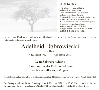 Traueranzeige von Adelheid Dabrowiecki von Neue Westfälische