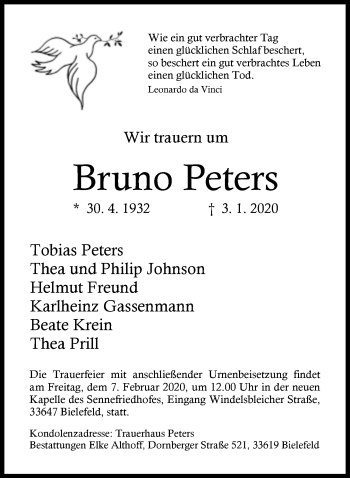 Traueranzeige von Bruno Peters von Neue Westfälische