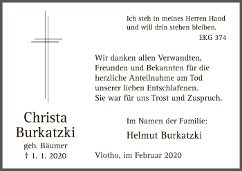 Traueranzeige von Christa Burkatzki von Neue Westfälische