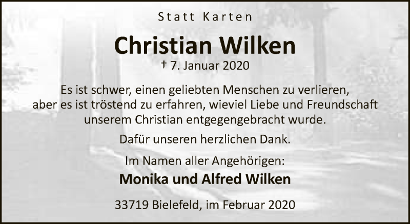  Traueranzeige für Christian Wilken vom 15.02.2020 aus Neue Westfälische
