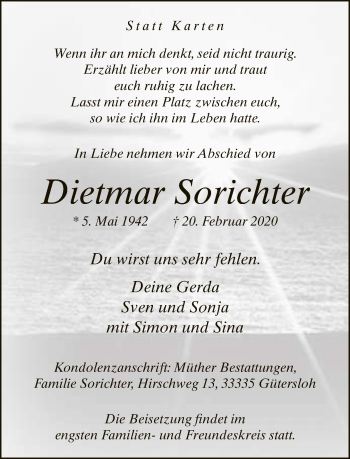 Traueranzeige von Dietmar Sorichter von Neue Westfälische
