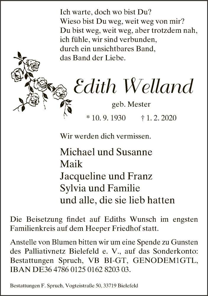  Traueranzeige für Edith Weiland vom 08.02.2020 aus Neue Westfälische