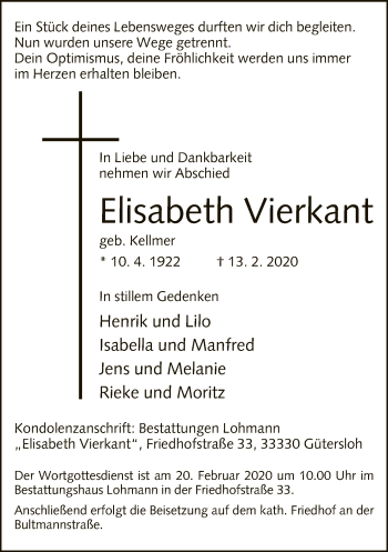 Traueranzeige von Elisabeth Vierkant von Neue Westfälische