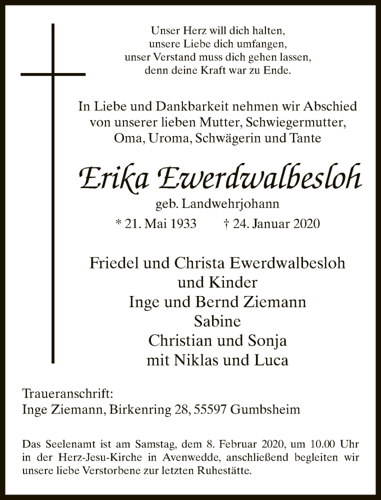  Traueranzeige für Erika Ewerdwalbesloh vom 01.02.2020 aus Neue Westfälische