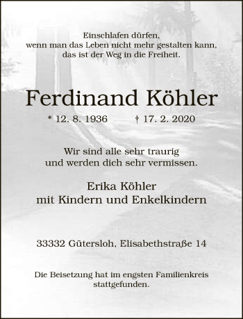 Traueranzeige von Ferdinand Köhler von Neue Westfälische