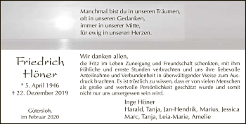 Traueranzeige von Friedrich Höner von Neue Westfälische