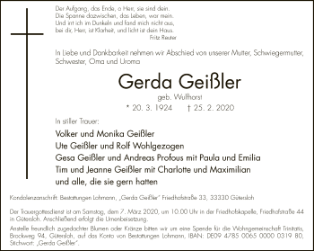 Traueranzeige von Gerda Geißler von Neue Westfälische