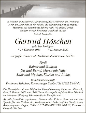 Traueranzeige von Gertrud Höschen von Neue Westfälische