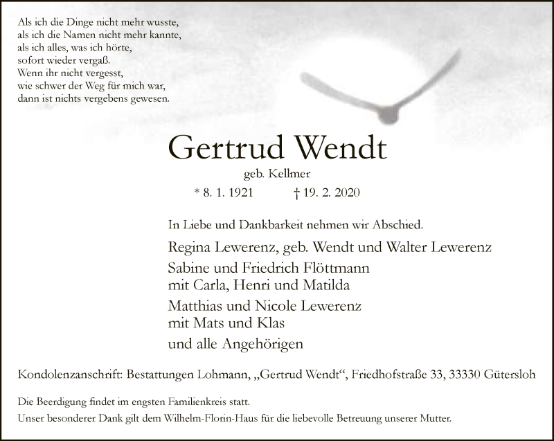  Traueranzeige für Gertrud Wendt vom 20.02.2020 aus Neue Westfälische