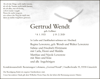 Traueranzeige von Gertrud Wendt von Neue Westfälische