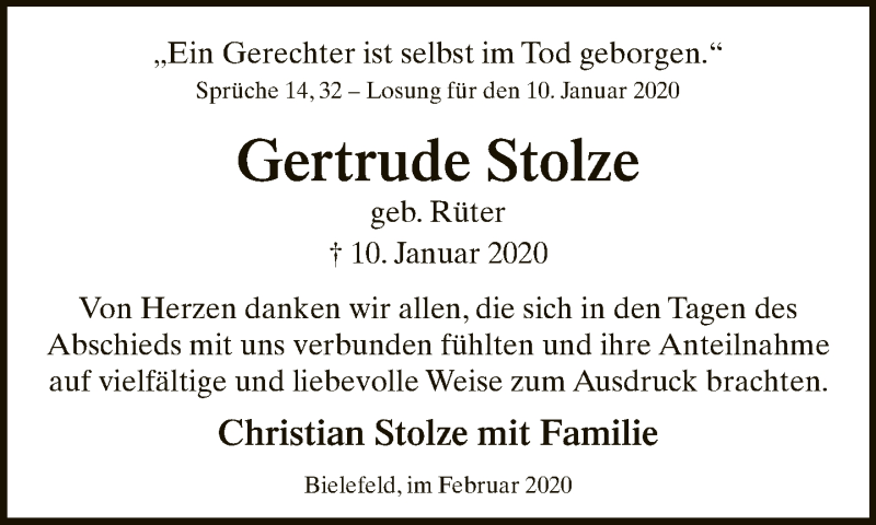  Traueranzeige für Gertrude Stolze vom 08.02.2020 aus Neue Westfälische