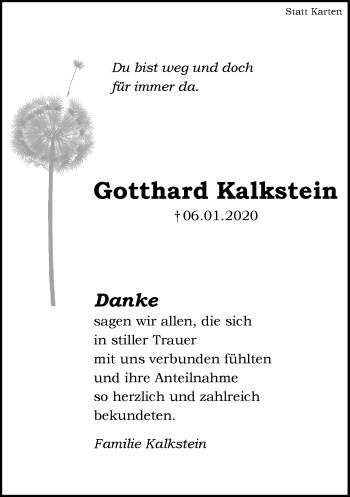 Traueranzeige von Gotthard Kalkstein von Neue Westfälische
