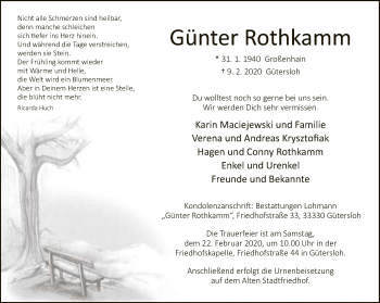 Traueranzeige von Günter Rothkamm von Neue Westfälische