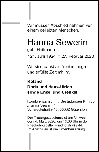 Traueranzeige von Hanna Sewerin von Neue Westfälische