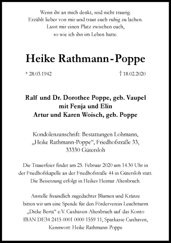 Traueranzeige von Heike Rathmann-Poppe von Neue Westfälische