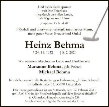 Traueranzeige von Heinz Behma von Neue Westfälische
