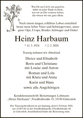 Traueranzeige von Heinz Harbaum von Neue Westfälische