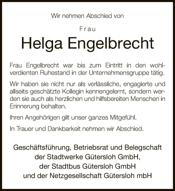 Traueranzeige von Helga Engelbrecht von Neue Westfälische