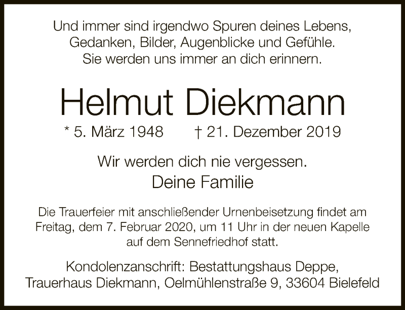  Traueranzeige für Helmut Diekmann vom 01.02.2020 aus Neue Westfälische