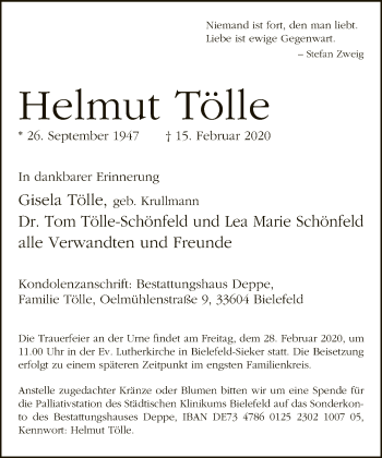 Traueranzeige von Helmut Tölle von Neue Westfälische
