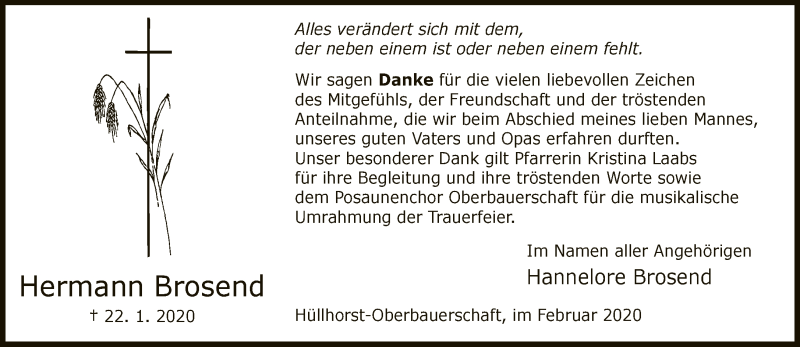  Traueranzeige für Hermann Brosend vom 29.02.2020 aus Neue Westfälische