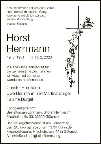 Traueranzeige von Horst Herrmann von Neue Westfälische