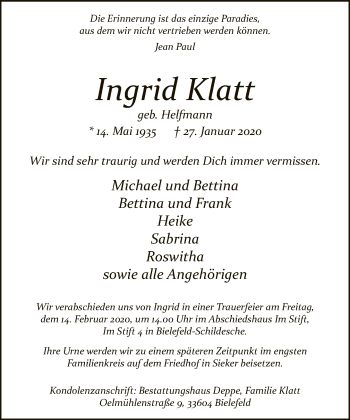 Traueranzeige von Ingrid Klatt von Neue Westfälische