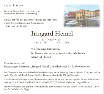 Traueranzeige von Irmgard Hemel von Neue Westfälische