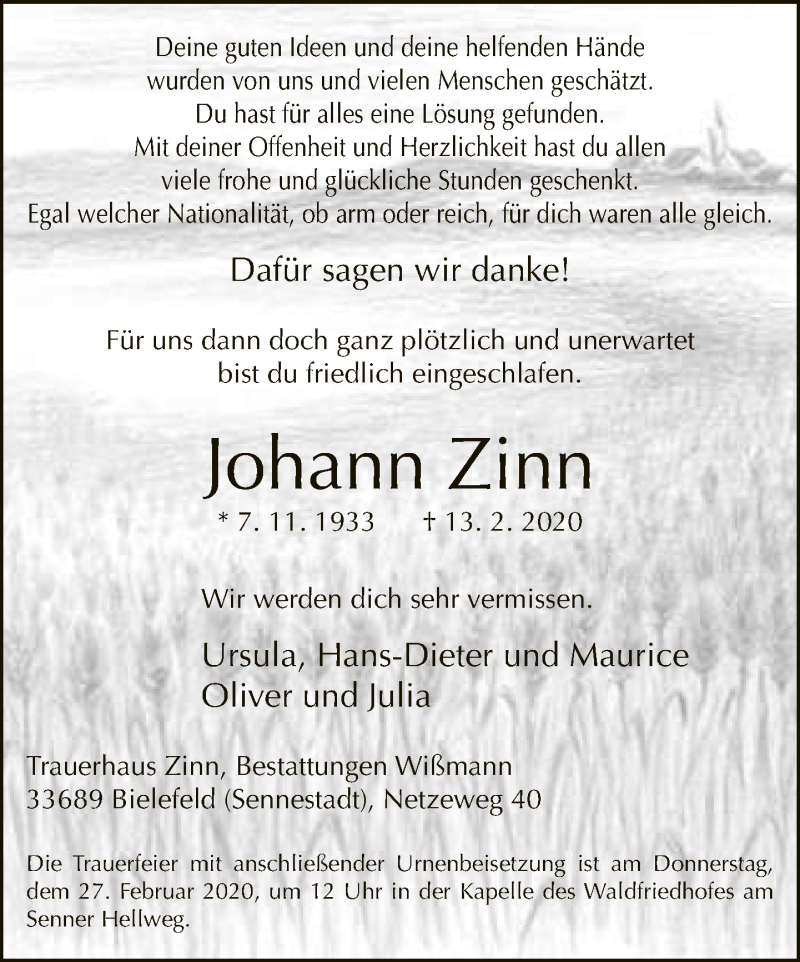  Traueranzeige für Johann Zinn vom 22.02.2020 aus Neue Westfälische