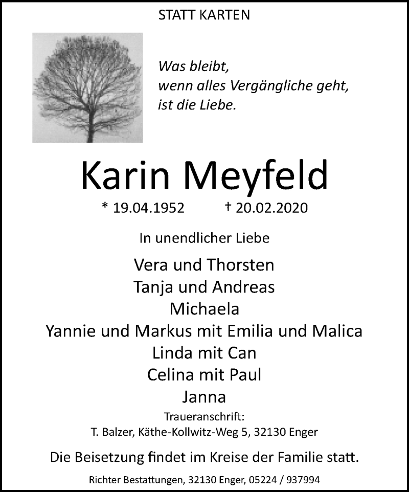 Traueranzeige für Karin Meyfeld vom 22.02.2020 aus Neue Westfälische