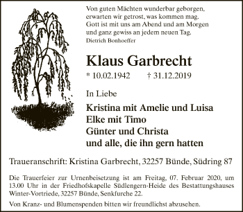 Traueranzeige von Klaus Garbrecht von Neue Westfälische