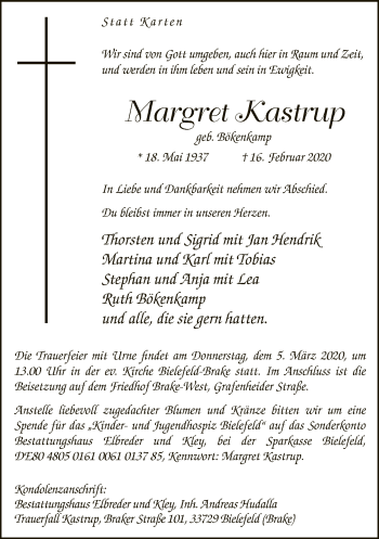 Traueranzeige von Margret Kastrup von Neue Westfälische