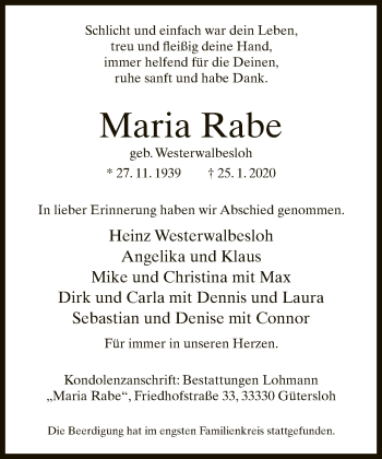 Traueranzeige von Maria Rabe von Neue Westfälische