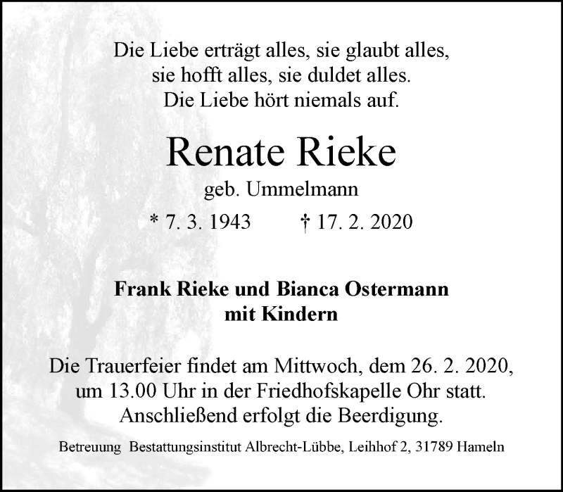  Traueranzeige für Renate Rieke vom 22.02.2020 aus Neue Westfälische