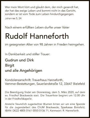 Traueranzeige von Rudolf Hanneforth