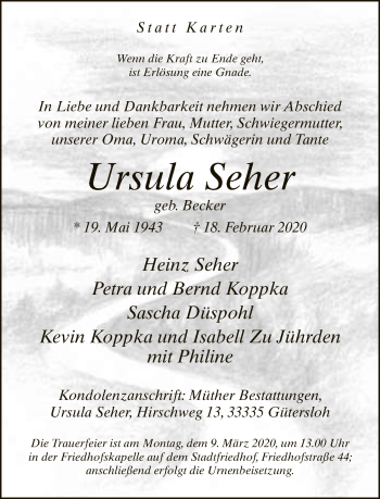 Traueranzeige von Ursula Seher von Neue Westfälische