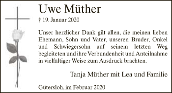 Traueranzeige von Uwe Müther von Neue Westfälische
