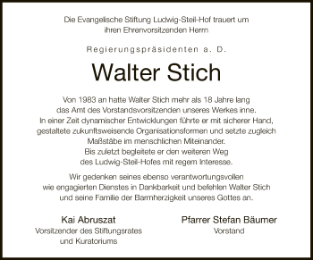Traueranzeige von Walter Stich von Neue Westfälische