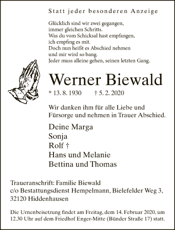Traueranzeige von Werner Biewald von Neue Westfälische