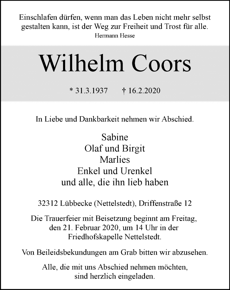  Traueranzeige für Wilhelm Coors vom 19.02.2020 aus Neue Westfälische