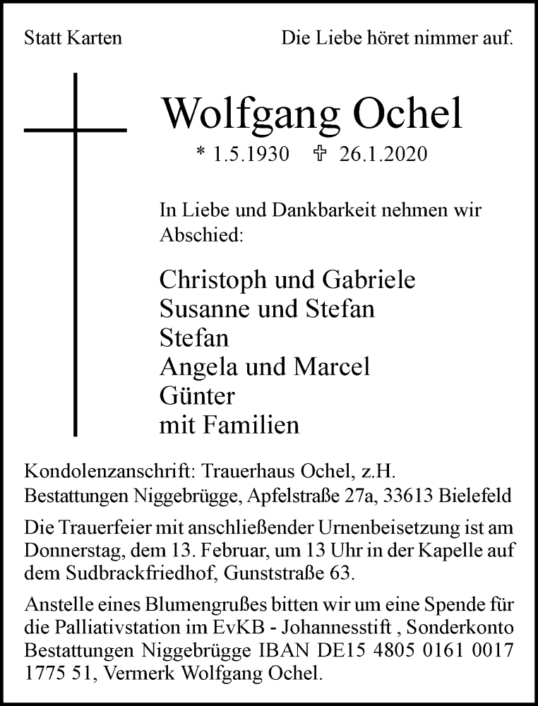  Traueranzeige für Wolfgang Ochel vom 01.02.2020 aus Neue Westfälische