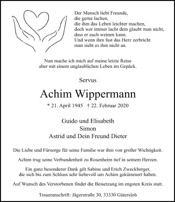 Traueranzeige von Achim Wippermann von Neue Westfälische