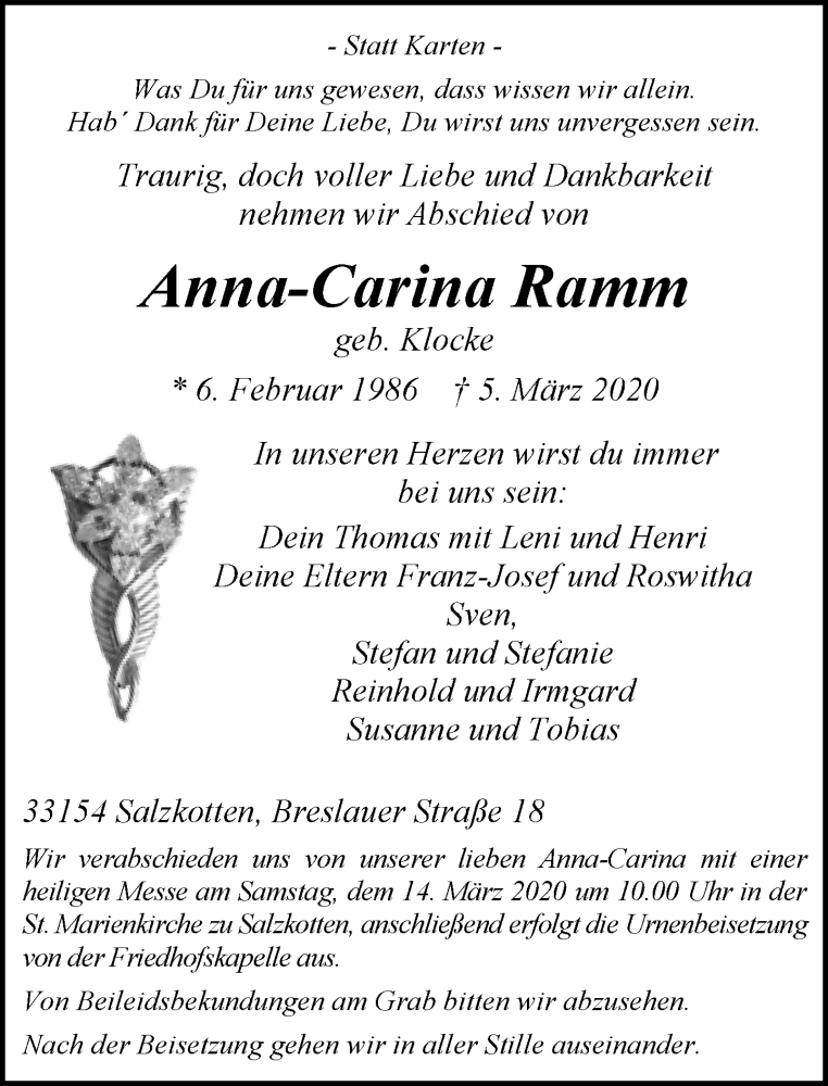  Traueranzeige für Anna-Carina Ramm vom 10.03.2020 aus Neue Westfälische