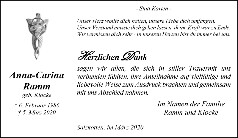  Traueranzeige für Anna-Carina Ramm vom 28.03.2020 aus Neue Westfälische