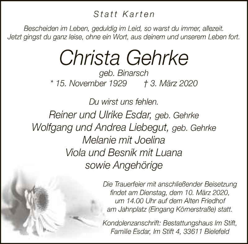 Traueranzeige für Christa Gehrke vom 07.03.2020 aus Neue Westfälische