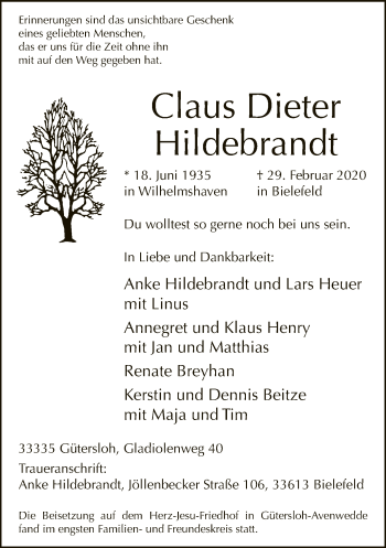 Traueranzeige von Claus Dieter Hildebrandt von Neue Westfälische