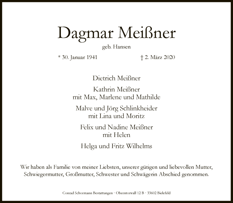  Traueranzeige für Dagmar Meißner vom 14.03.2020 aus Neue Westfälische