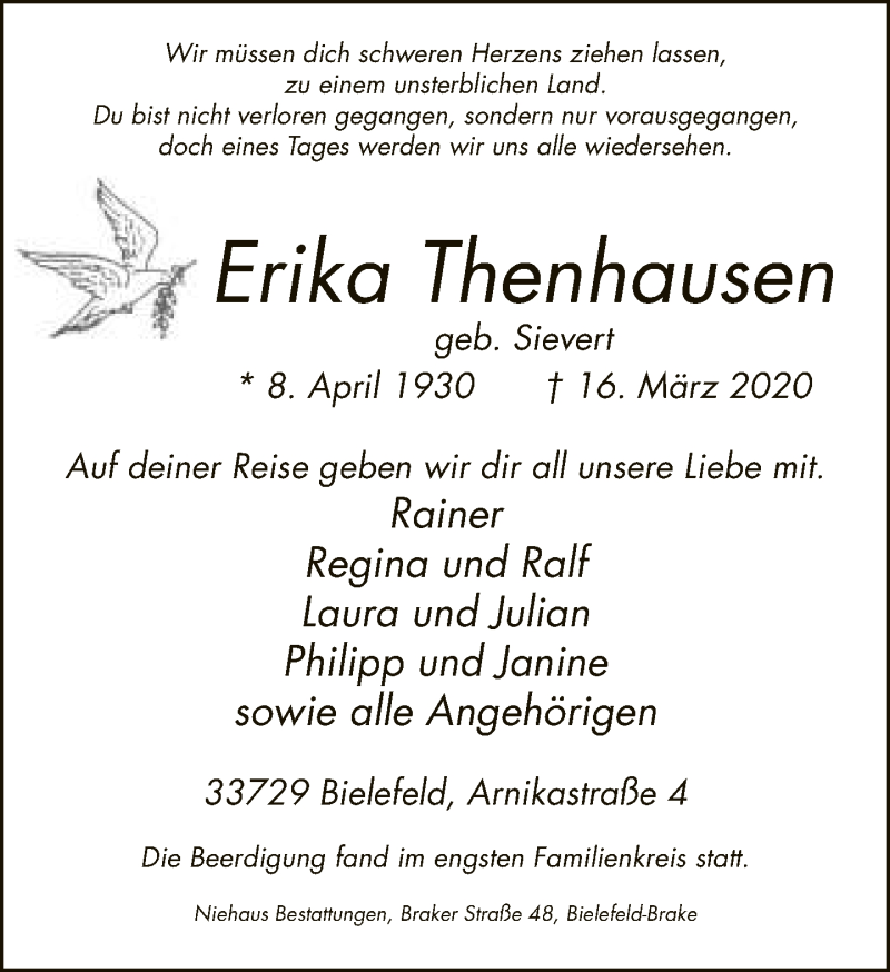  Traueranzeige für Erika Thenhausen vom 21.03.2020 aus Neue Westfälische